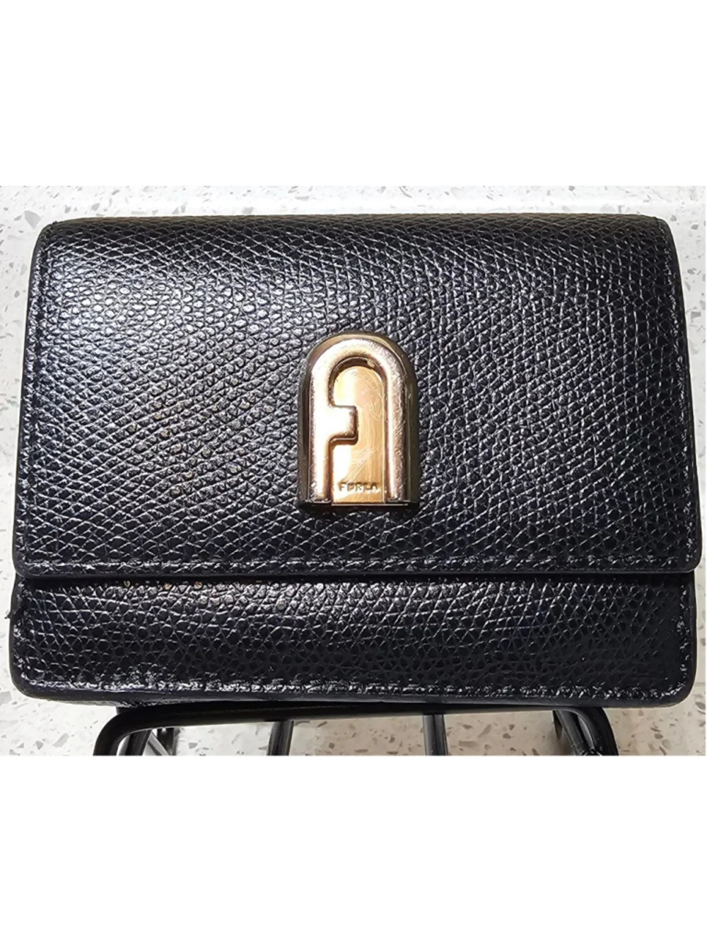 Compact Tri-Fold Black Furla Wallet with Gold hardware